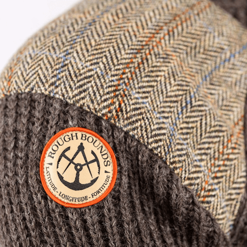 Detail Harris Tweed shoulder patch view of the Rough Bounds Jedburgh Jumper