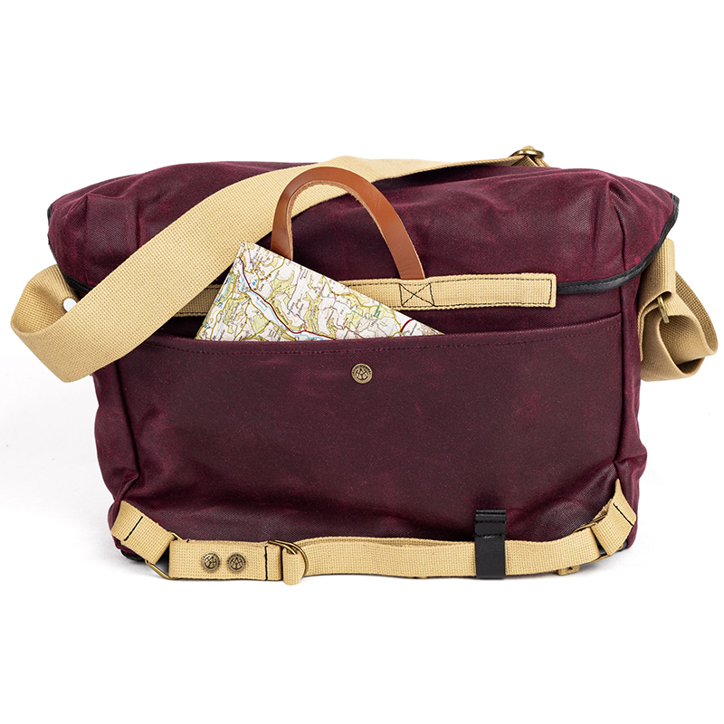 Gubbins messenger bag in burgundy color with map in pocket
